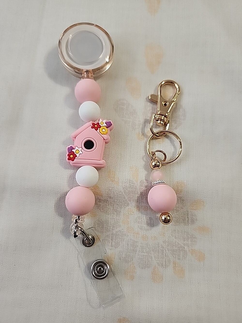 Badge Reel & Small Key Chain Combo Pink Birdhouse Silicone Beads